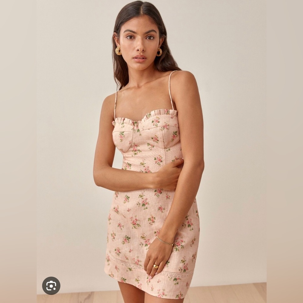 Reformation linen Andies Ruffles Pink Floral Mini dress size 2